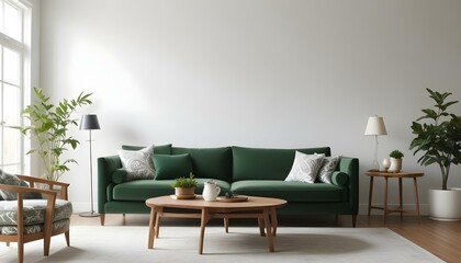 Green velvet sofa with white and gray patterned pillows, wooden coffee table, and natural light from windows.