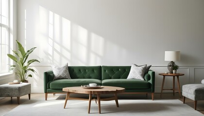 Green velvet sofa with white and gray patterned pillows, wooden coffee table, and natural light from windows.