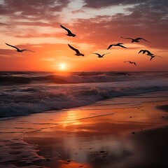 Canvas Print - a flock of birds flying over a beach. 