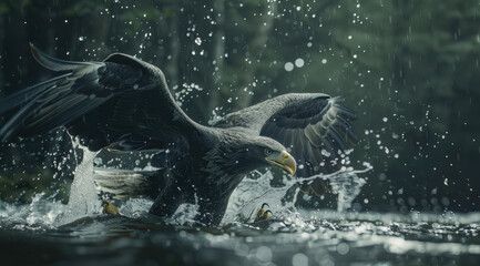 Wall Mural - An eagle is catching fish with its beak, splashing water in the air.