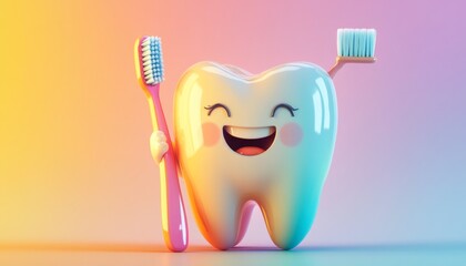 Adorable Smiling Tooth Character Holding Giant Toothbrush: Playful Dental Hygiene Concept. Creative Abstract Illustration for Oral Care Awareness, Kids' Dentistry, and Dental Clinic Marketing on Soft 