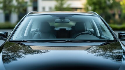 Front windshield of a black car clean and clear close up outdoors, offering a broad canvas for mockup