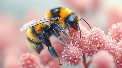 Wall Mural - A close-up of a bumblebee collecting pollen from a pink flower.