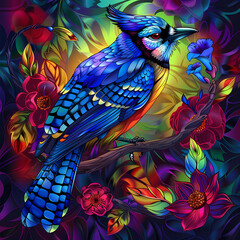 Stained glass vector-style image of beautiful blue jay bird bird tail, tropical flowers, bird feathers, color coordinated abstract expressionism surrealism apophysis paisley design