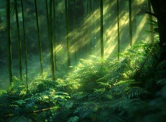 Sticker - a green forest with sunlight shining through the trees. 