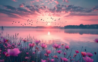 Wall Mural - Stunning pink sunset over a lake, with birds flying across the colorful sky. Ideal for serene and picturesque moments in visual projects.