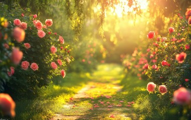 Wall Mural - a sunlit path through a garden filled with blooming roses, creating a dreamy atmosphere. perfect for