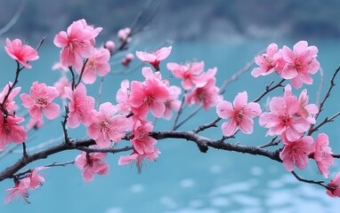 Wall Mural - Delicate pink cherry blossoms against a soft blue lake background. Ideal for spring, floral, and tranquil projects.