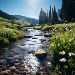 Poster - a stream running through a grassy valley. 