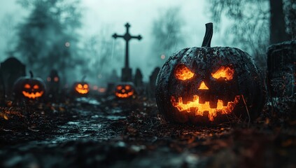 Poster - In the graveyard on Halloween, luminous, dark, generative AI pumpkins