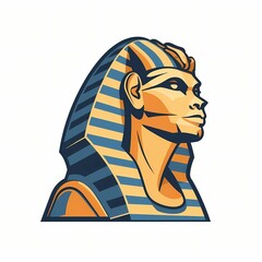 Stylized illustration of an ancient Egyptian sphinx with blue and gold stripes