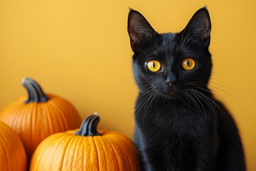 Canvas Print - This cute black cat is on a pumpkin-themed orange background