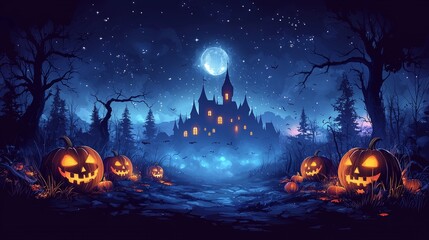 Poster - Illustration of clouds, bats, pumpkins, and bats for a Halloween banner or party invitation background