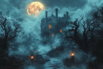 art created using stock of a castle at night and a full moon for a halloween background