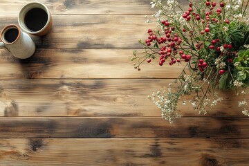 A rustic wooden table featuring cups of coffee and a vibrant red floral bouquet, invoking warmth and coziness at home.