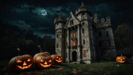 Halloween background with scary pumpkins and haunted house in the forest