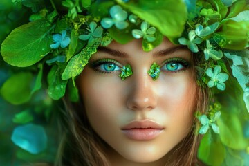 Fantasy portrait of a beautiful girl with green flowers in her hair. Young woman with headdress, flowers and plants as decoration.with generative ai