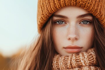 Wall Mural - Close-up portrait of a young woman with red hair and freckles, wrapped in cozy autumn clothing, surrounded by golden leaves. Perfect for seasonal and fashion themes.