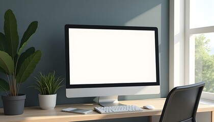 Wall Mural - Modern office desk with blank screen computer monitor, Computer screen mockup, Computer blank screen, Computer  front view screen mockup