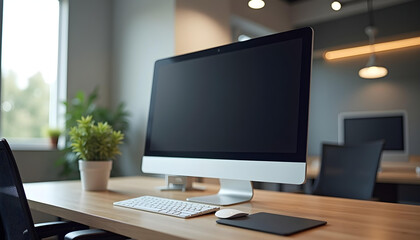 Wall Mural - Modern office desk with blank screen computer monitor, Computer screen mockup, Computer blank screen, Computer  front view screen mockup