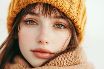 Wall Mural - Close-up portrait of a young woman with red hair and freckles, wrapped in cozy autumn clothing, surrounded by golden leaves. Perfect for seasonal and fashion themes.