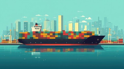 Poster - Flat design depicting the management of freight logistics global import and export supply chain Showcasing the digital technologies and processes involved in efficient cargo transportation