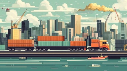 Fototapete - Efficient Global Freight Logistics and International Trade Illustrated in Flat Design Style with Cargo Containers Trucks Boats Planes and Distribution Networks