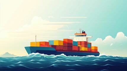 Poster - Flat design depicting global logistics and container shipping across oceans  Includes cargo containers freight ships and distribution network icons representing international trade