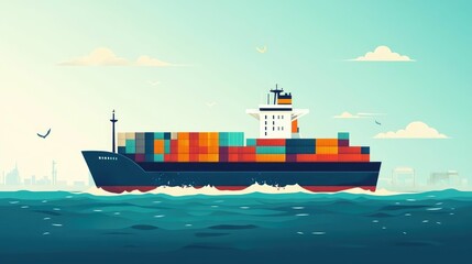 Poster - Global Logistics and Efficient Container Shipping Across Oceans Illustrated in Flat Design Style for Logistics Transportation and Supply Chain Concepts