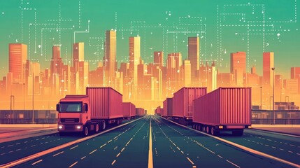 Poster - Global Logistics and Freight Tracking Across Supply Chains Flat Design Depicting the Movement of Goods and Data Across International Transportation Networks