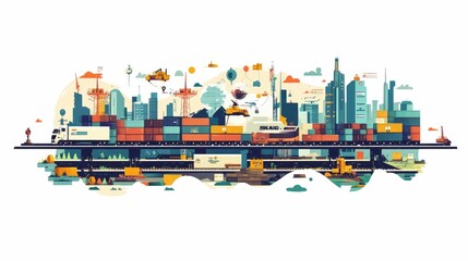 Fototapete - Global Logistics Tracking Freight Across Supply Chains Flat Design Showcasing Data Analytics and Management for Efficient Transportation and Distribution Across International Trade and Commerce