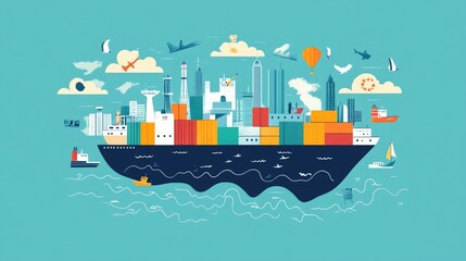 Poster - Sustainable Global Logistics and Efficient International Shipping Practices Illustrated in a Minimalist Modern and Flat Design Style Showing Logistics and Supply Chain Elements