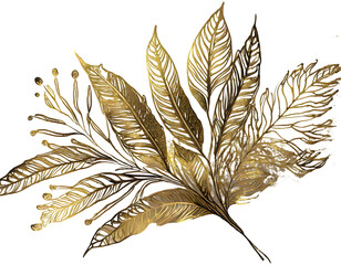 gold hand drawn plant on a isolated on white backgroun. Generative AI.