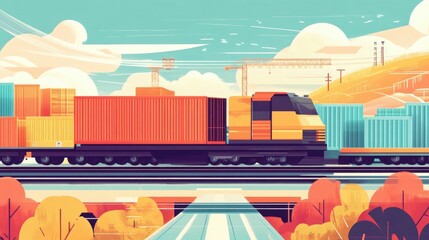 Poster - Flat design depicting freight logistics and global supply chain visibility tools for efficient transportation warehousing and distribution management  Showcasing data analytics optimization
