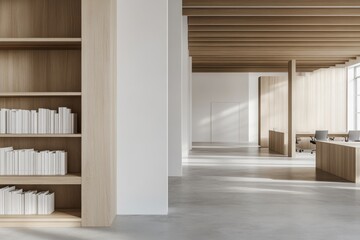 Poster - Three-dimensional rendering of a modern office interior behind a blank wooden wall, perfect for a mockup showcasing the workspace concept.