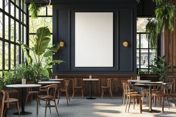 Wall Mural - A mockup of a modern restaurant interior with an empty white wall, stylish furniture, and a concrete floor.