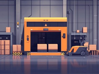 Poster - Efficient Automated Logistics Warehouse with Streamlined Shipping and Storage Solutions  Flat design of a modern digitally enabled distribution center with automated conveyor belts shelving