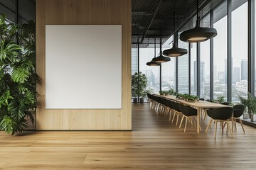 Wall Mural - Dining room with large white empty wall, wooden furniture, and wide windows overlooking cityscape is a concept for interior design. 3D rendering.