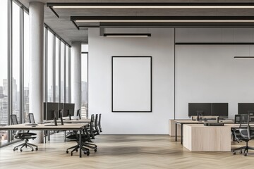 Poster - Design concept of modern office interior with blank wall, poster template, wooden floor and large windows. 3D rendering.