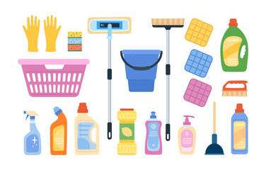 chemical set for housekeeping. cleaning equipment, cleaning supplies, detergents, brush, broom, clea