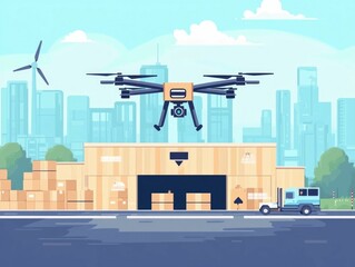 Poster - Futuristic flat design showcasing automated drone delivery system for shipping and logistics  Efficient transportation and distribution of packages and goods using advanced technology