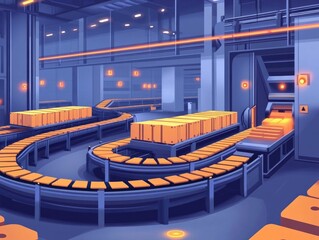 Poster - Automated conveyor belt systems in a high tech distribution center or warehouse facilitating efficient storage sorting and transportation of goods and packages for shipping and logistics