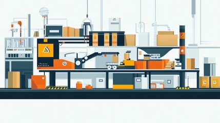 Poster - Streamlined Logistics Automated Packaging and Labeling in Flat Design showcasing efficient industrial workflow and modern supply chain management with robotic equipment and digital technology