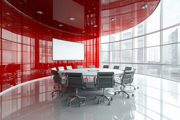 Poster - 3D rendering of a modern conference room with a large table and chairs, panoramic windows, and red accent walls. Bright, urban office space for business meetings.