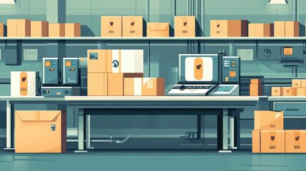 Poster - Automated Packaging and Labeling Solutions for Efficient Logistics and Supply Chain Management  Flat design of a modern warehouse or factory with advanced machinery conveyor belts
