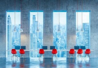 Canvas Print - The design of a modern office space includes large windows, sleek furniture, and a cityscape background. This 3D rendering shows the concept for the design of the workspace.