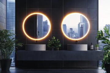 Bathroom interior with double sink, mirrors, and window in black tile