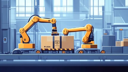 Fototapete - Automated robotic arms precisely loading and unloading freight containers in a modern streamlined logistics and warehouse in a flat design style