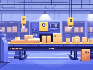 Poster - Automated Sorting Hub A Flat Design Showcasing the Streamlined Logistics and Efficient Workflow of a Modern Shipping and Distribution Facility Leveraging the Power of Automation and Data driven