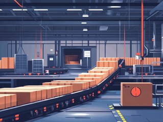 Poster - Flat design showcasing an automated sorting hub system for optimizing shipping and logistics workflows  The image depicts a digital futuristic warehouse with conveyor belts machinery